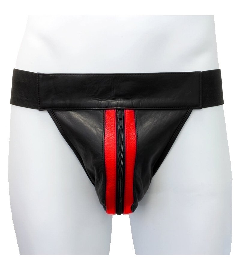 Leather Jockstrap Zip Front - Red/Black