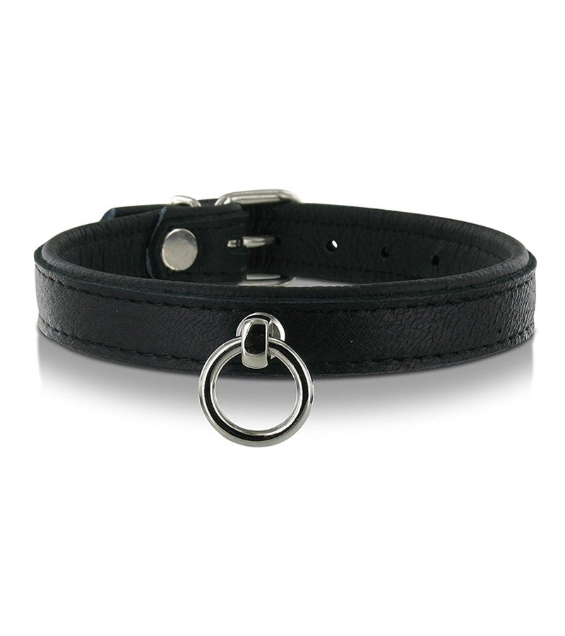 Slim Line Leather Collar with O-Ring-BLACK